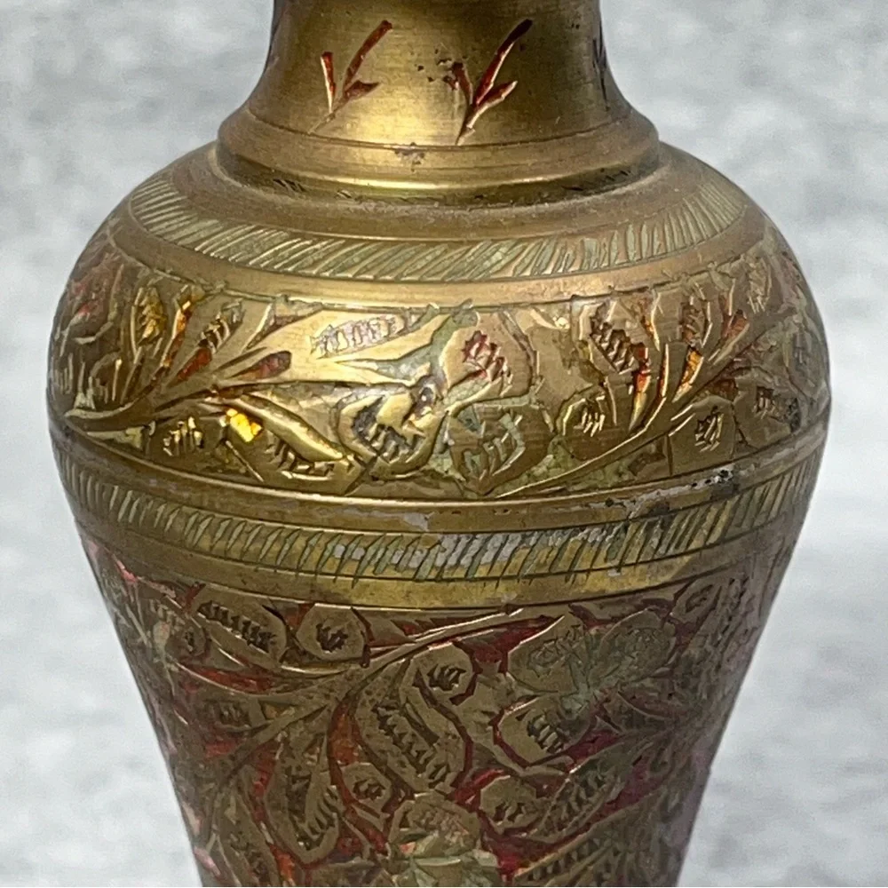 Vintage Vase 4” Brass Hand Carved Intricate Inlaid‎ Decorative